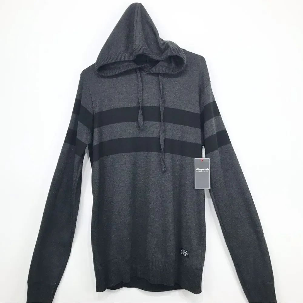 Aeropostale Charcoal Gray Black Stripe Drawstring Hood Pullover Sweater NEW